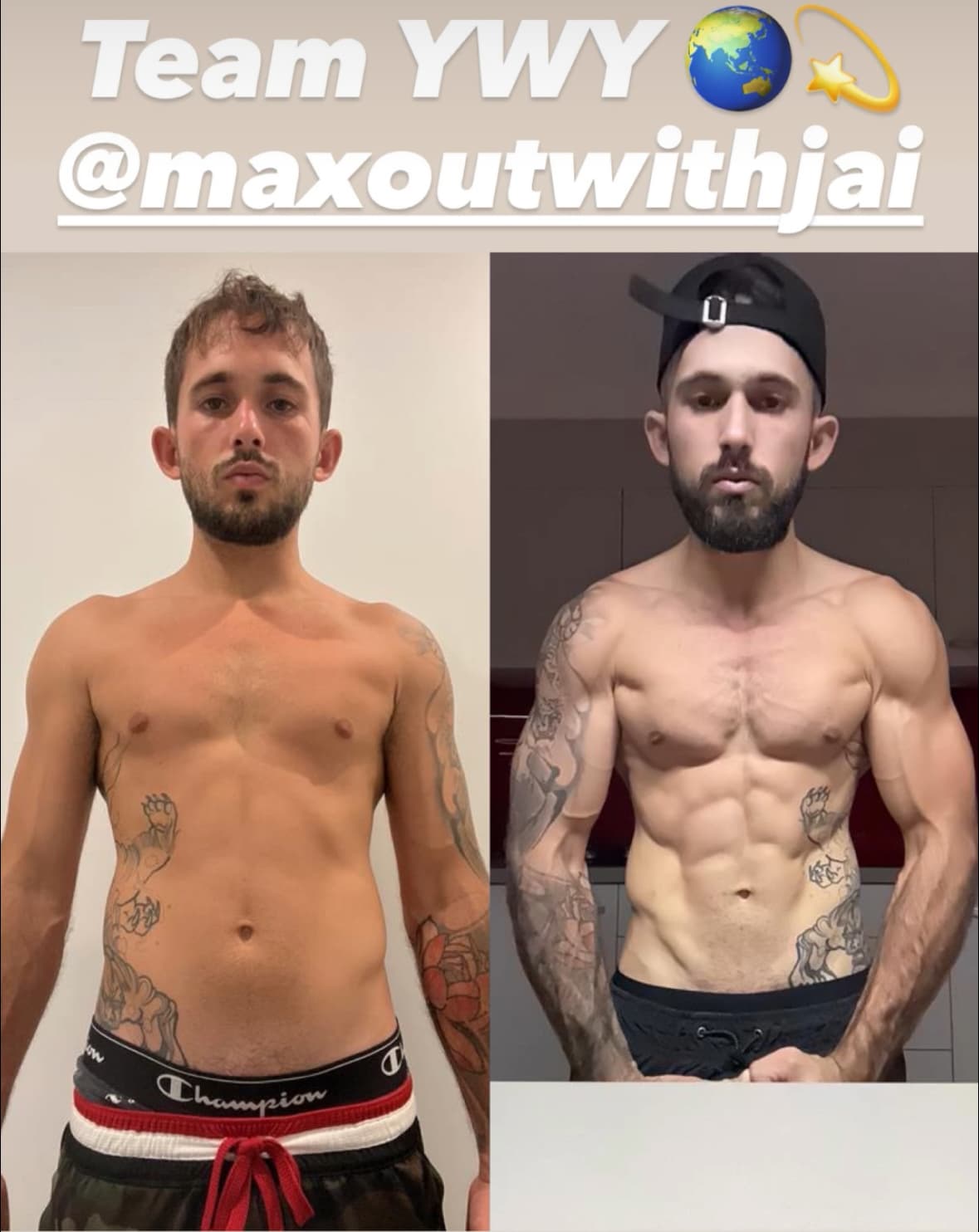 Team YWY progress comparison photographs, @maxoutwithjai